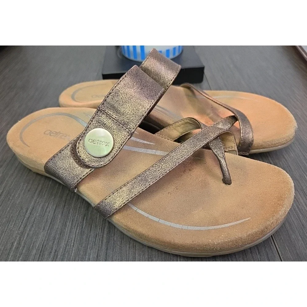 Aetrex Izzy Bronze Faux Leather Comfort Slide Sandals Sz 7 Orthotic